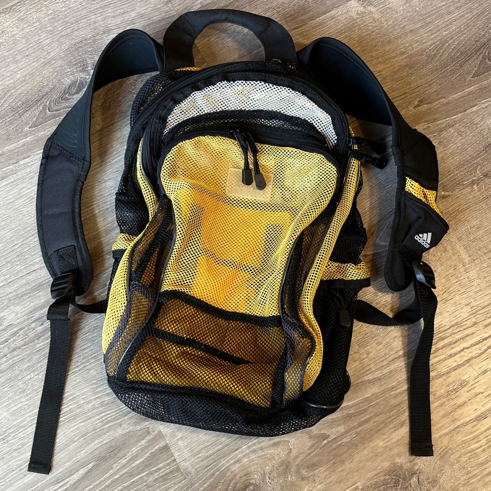 Adidas Mesh Backpack Yellow Black Vintage Sporty School‎ Gym Bag RN90288